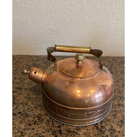 Vintage Antique Heart Pattern 7" Copper Teapot Kettle with Lid - Picture 1 of 12